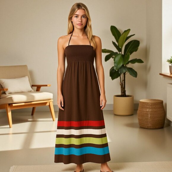 Gap Womens Brown Colorblock Maxi Sundress Small Boho Beach Festival Y2K Vacation - Picture 1 of 6